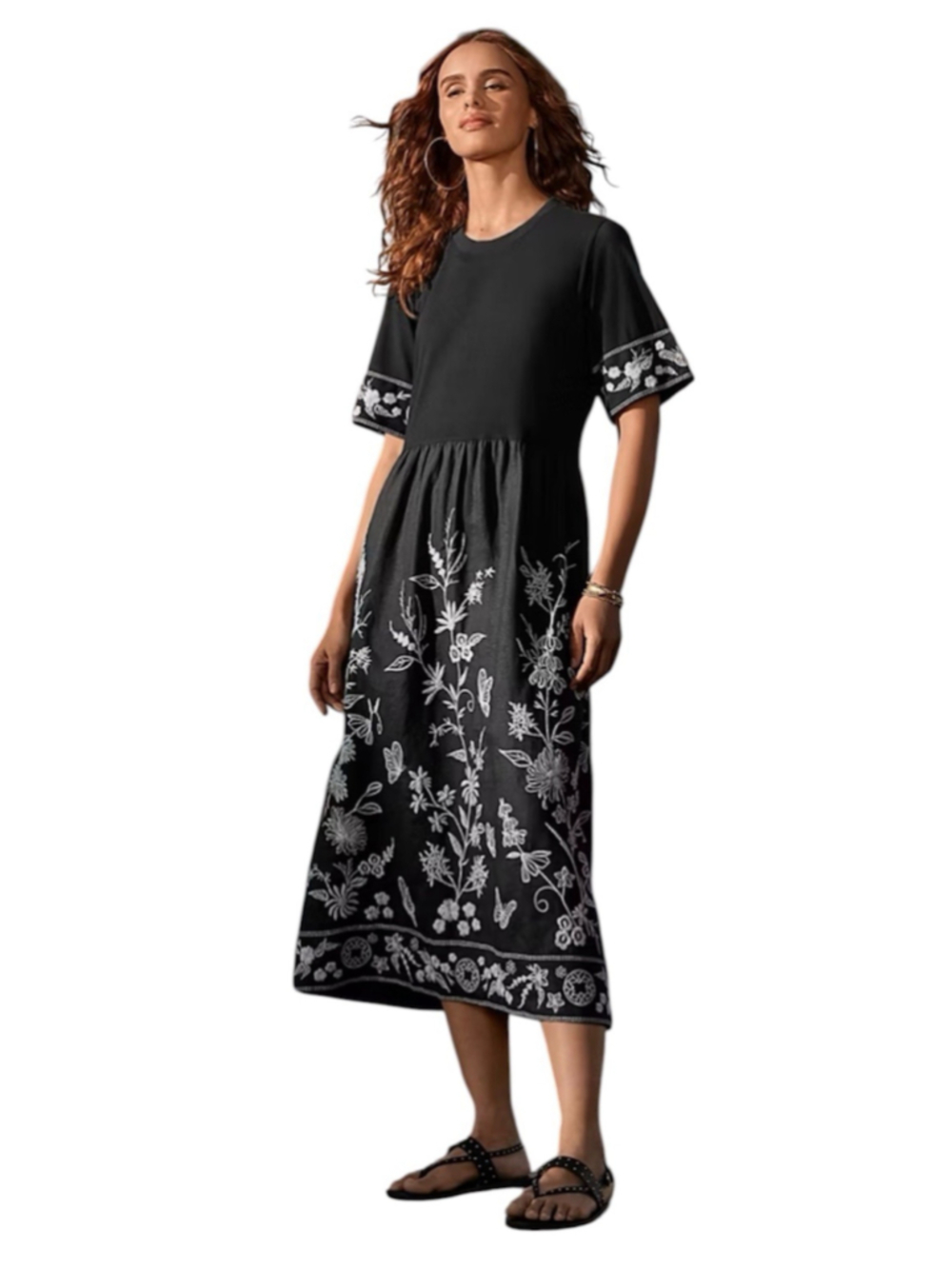 Johnny Was Black Domingo Linen Knit Midi Dress XL Boho Floral Embroidered $318